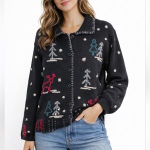 Talbots Black Wool Knit Button Front Cardigan with Winter Holiday Motifs